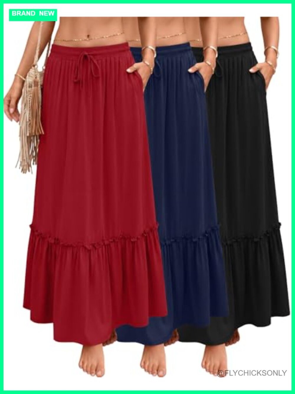 Boho Maxi Skirt Set Tiered A-Line Drawstring Pockets Women